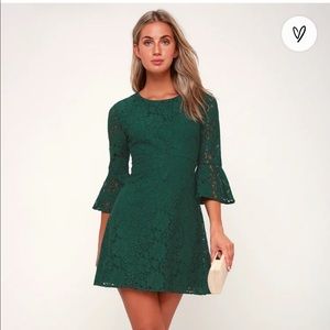 Lulus Forest Green Lace Flounce Sleeve Dress